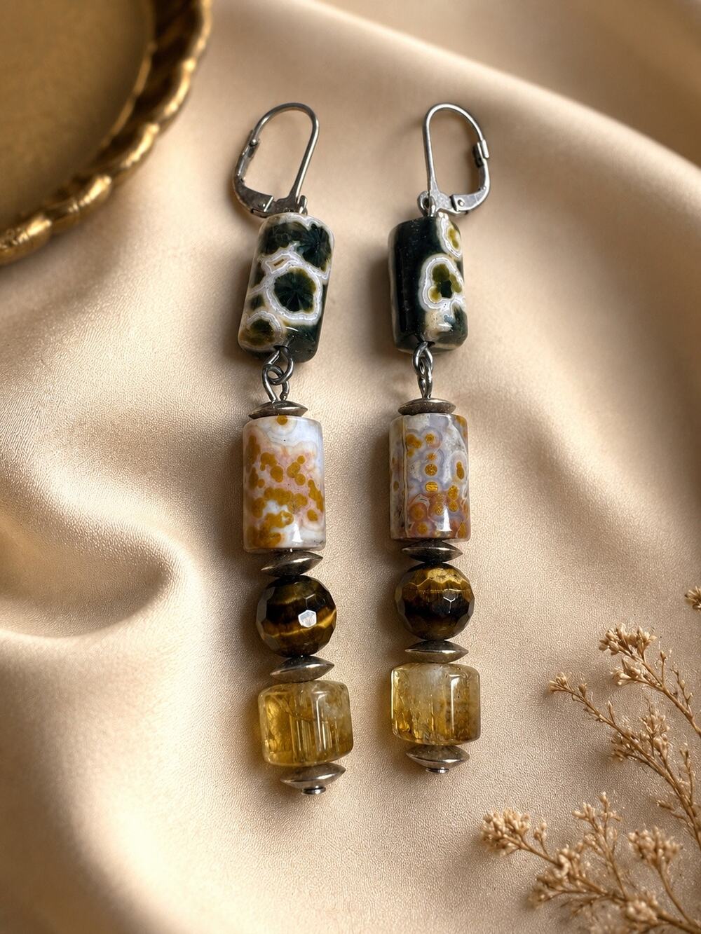925 Sterling Silver Ocean Jasper Tiger Eye Gemstone Dangle Earrings Artisan